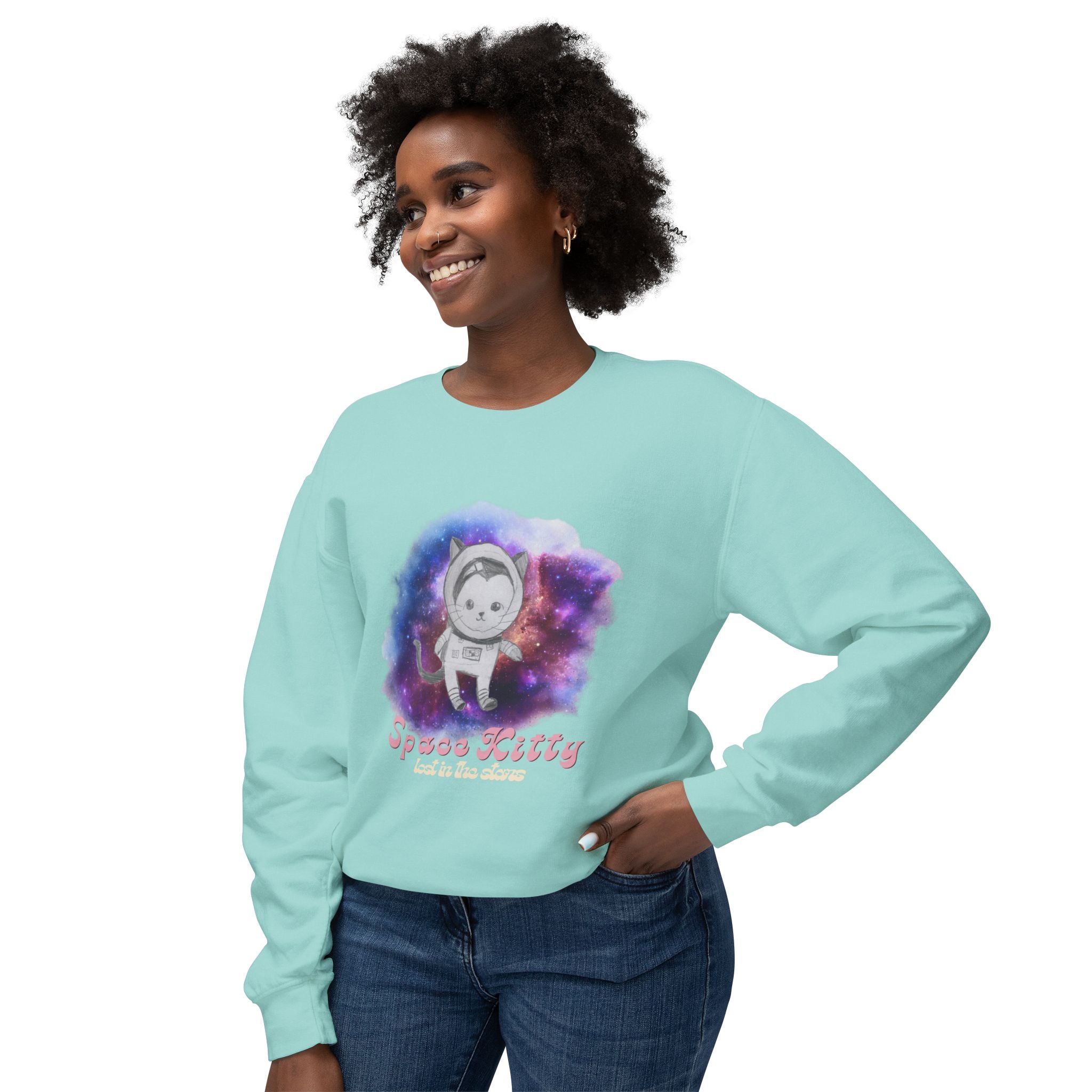 Space Kitty Unisex Lightweight Crewneck Sweatshirt
