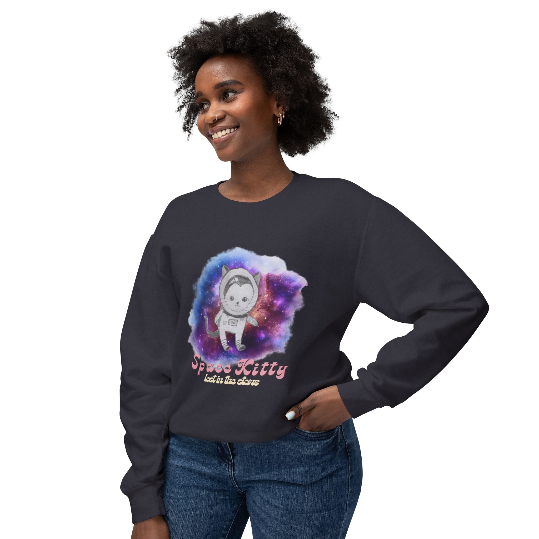 Space Kitty Unisex Lightweight Crewneck Sweatshirt