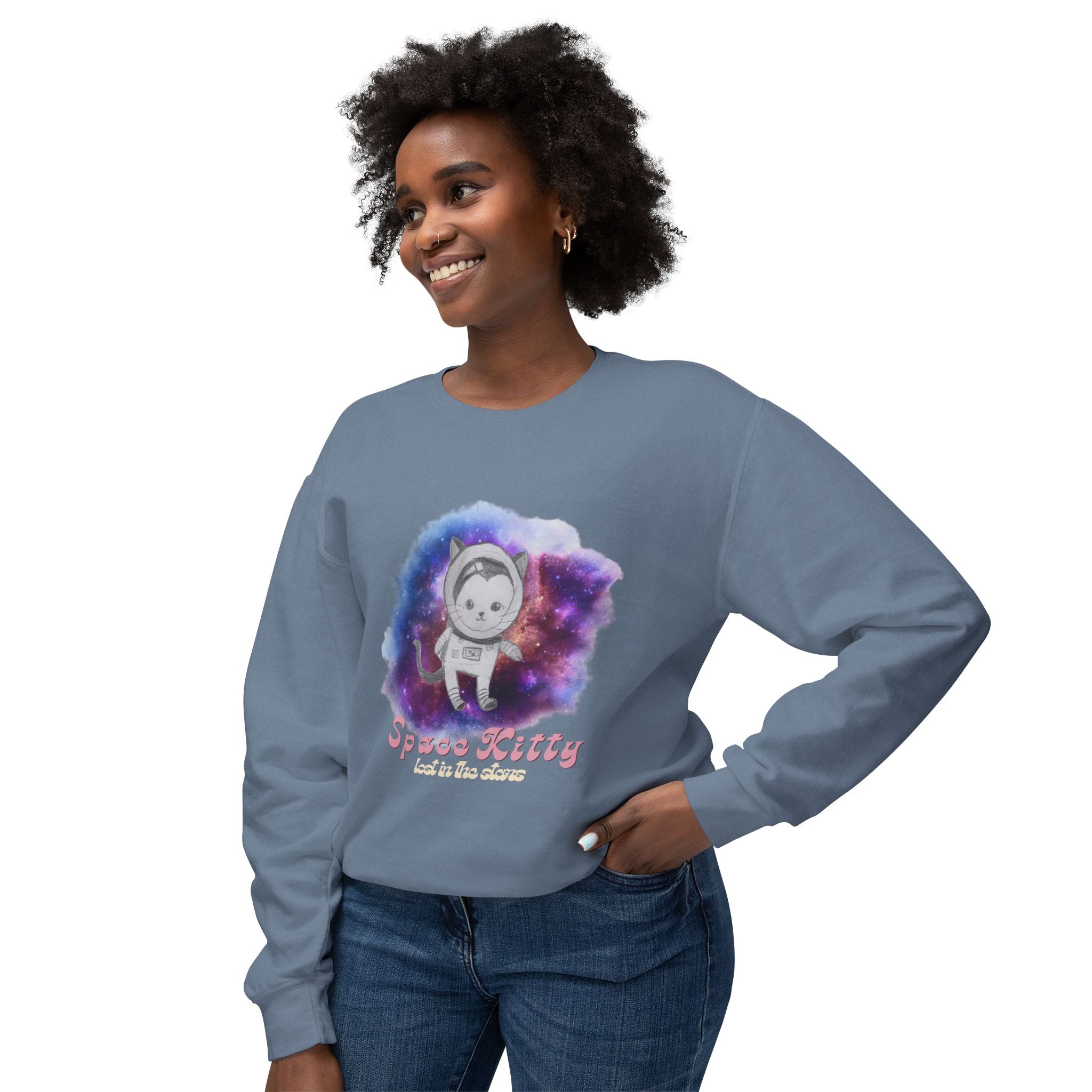 Space Kitty Unisex Lightweight Crewneck Sweatshirt